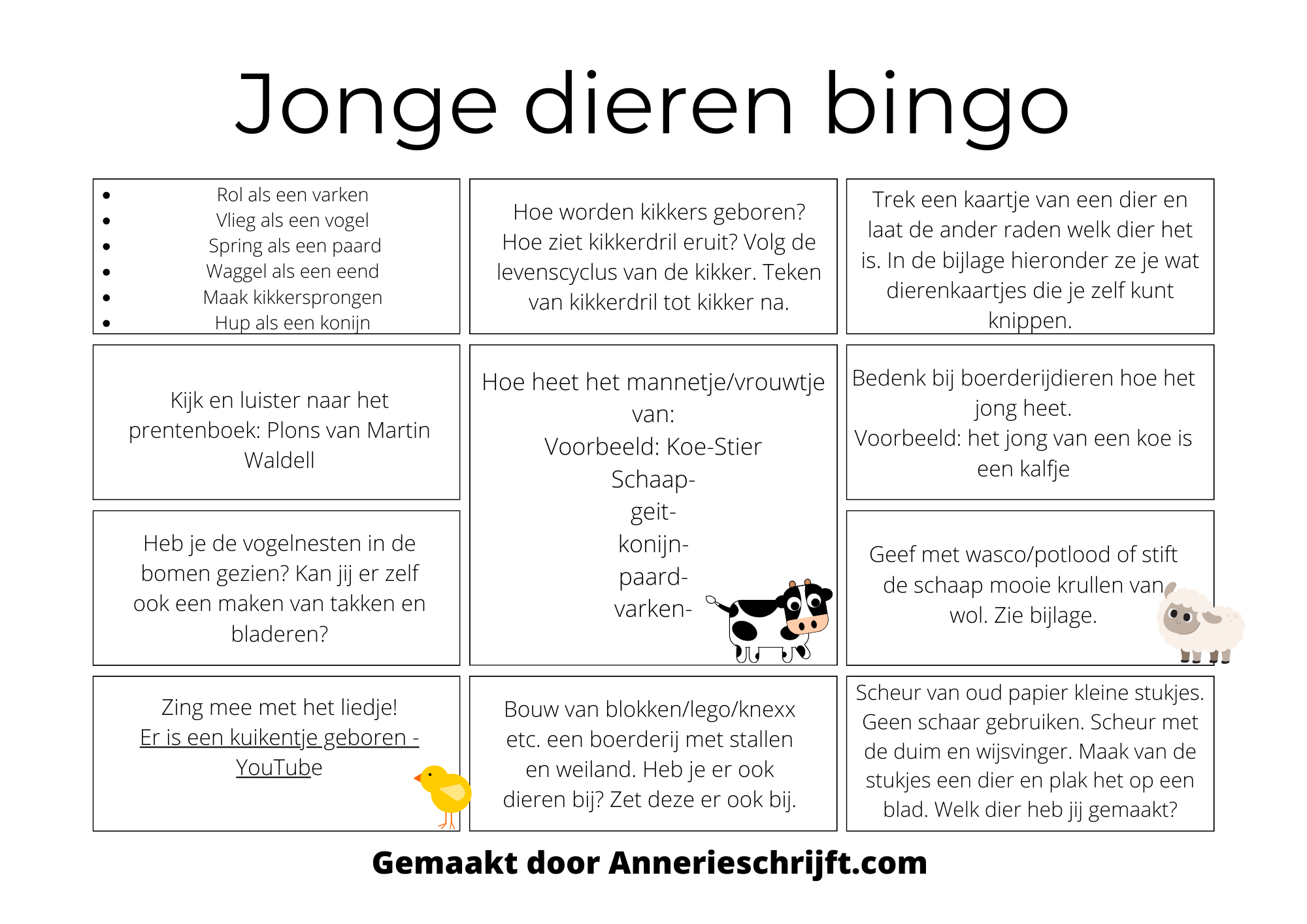 Jonge dieren bingo