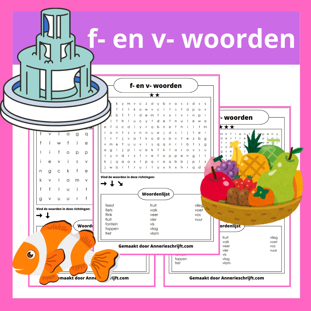 Woorden beginnend met een f- of v- woordzoeker